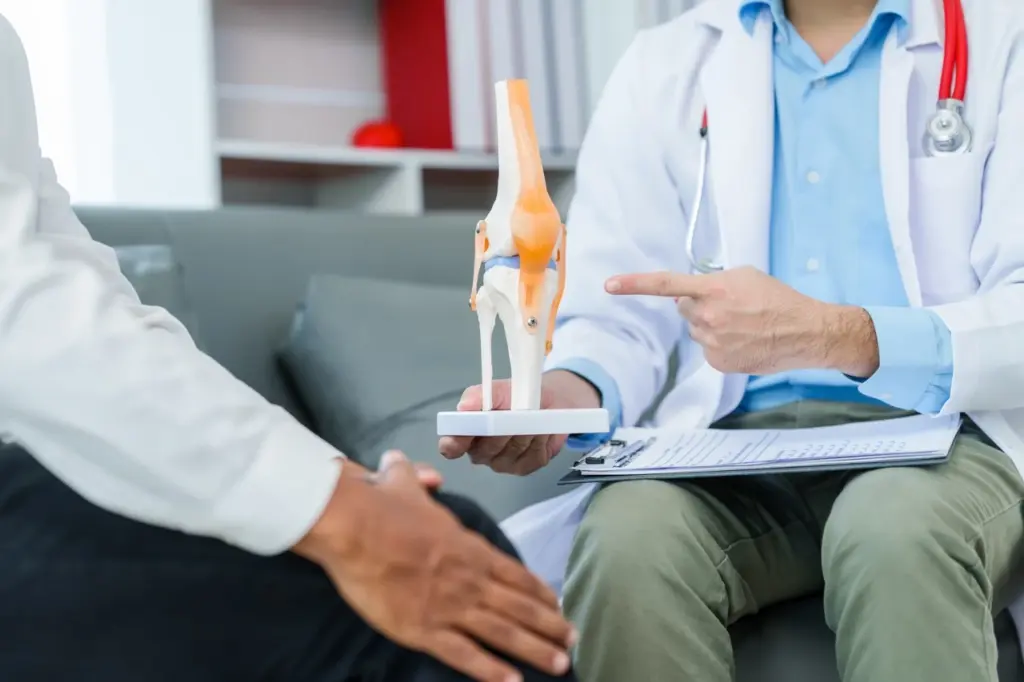 Joint replacement surgeon in Vajarahalli examining a patient's knee joint