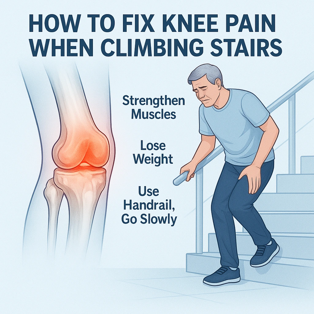 Physiotherapist guiding knee strengthening exercise for stair pain