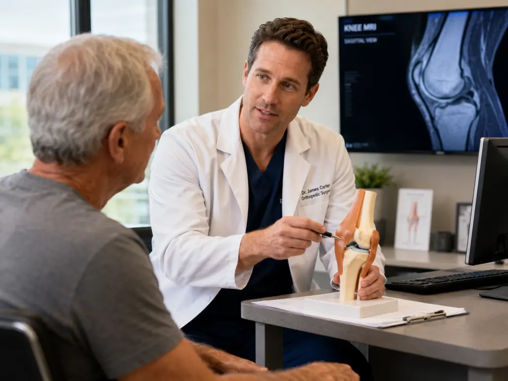 Total Knee Replacement Surgeon in Vajarahalli examining a patient's knee joint
