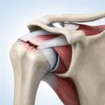 Anatomical illustration showing rotator cuff muscles and a torn tendon in the shoulder joint