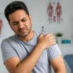 Doctor examining a patient's restricted shoulder range of motion during a consultation