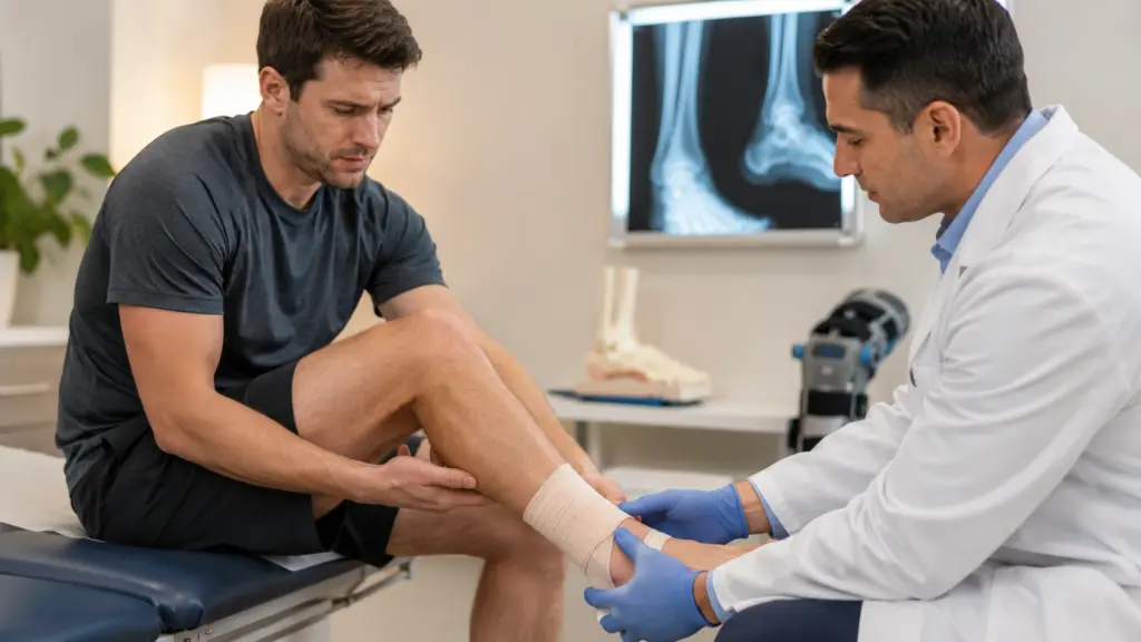 Orthopedic surgeon examining a patient's swollen ankle during a consultation for ankle sprain treatment in Uttarahalli