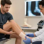 Orthopedic surgeon examining a patient's swollen ankle during a consultation for ankle sprain treatment in Uttarahalli