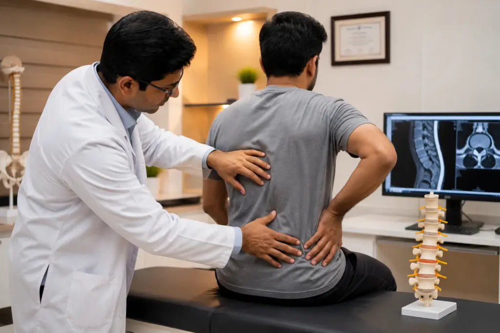 Doctor explaining common Back Pain Causes to a patient during consultation