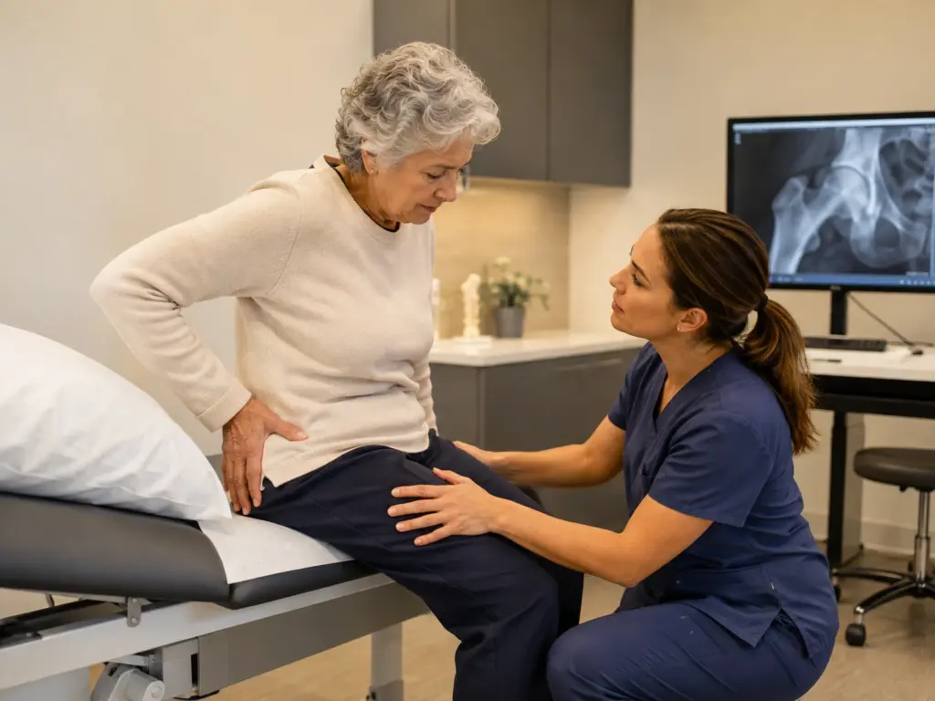 Elderly patient receiving hip pain assessment during orthopedic consultation