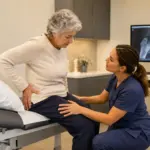 Elderly patient receiving hip pain assessment during orthopedic consultation