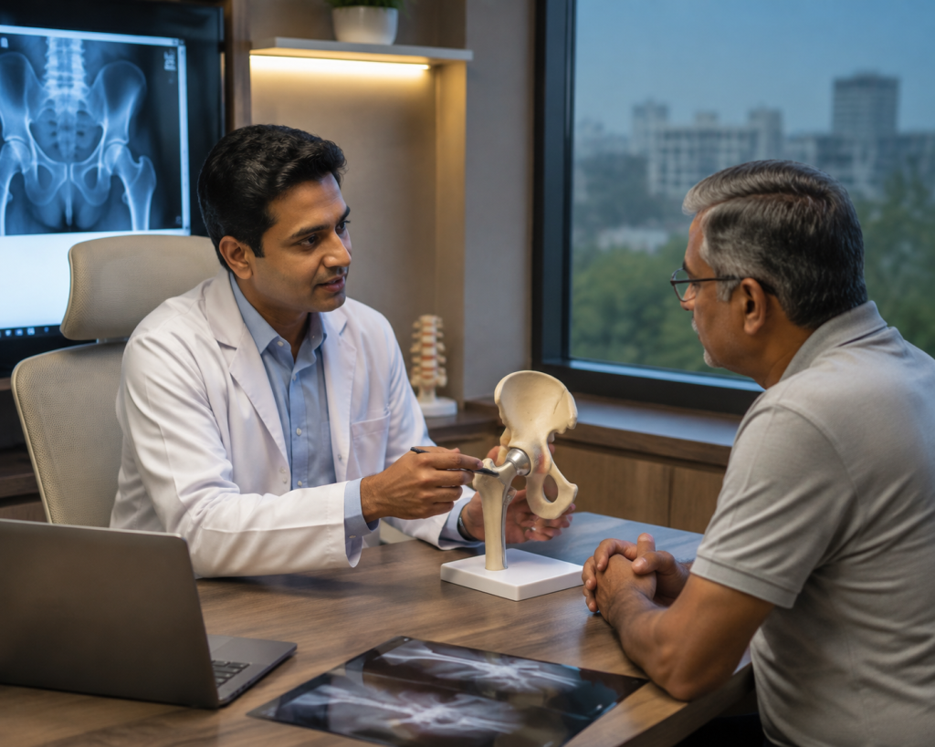 Orthopedic surgeon discussing Hip Replacement Surgery Cost in Bangalore with a patient
