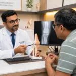 Orthopedic surgeon discussing knee replacement surgery in RR Nagar with a patient during consultation