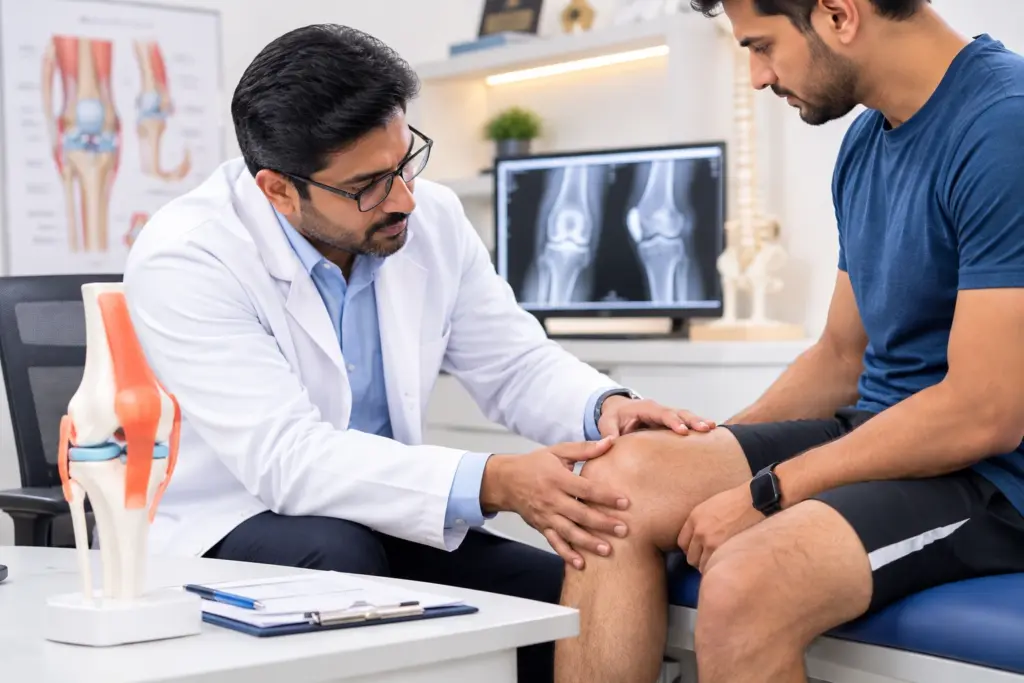Orthopedic surgeon examining a patient's knee for sports injury prevention in Konankunte Cross