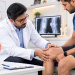 Orthopedic surgeon examining a patient's knee for sports injury prevention in Konankunte Cross