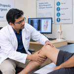 Orthopedic surgeon in Kanakapura Road examining a patient's knee during a consultation