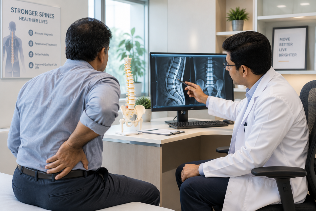 Orthopedic doctor in Electronic City examining a patient's lower back during a consultation