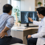 Orthopedic doctor in Electronic City examining a patient's lower back during a consultation