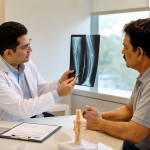 Orthopedic doctor reviewing X-ray for fracture treatment in Subramanyapura