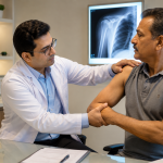 Orthopedic surgeon consulting with a patient about shoulder pain — shoulder replacement surgeon in Subramanyapura