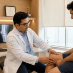 Orthopedic surgeon discussing knee replacement surgery in Subramanyapura with a patient