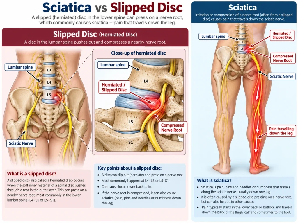 Diagram comparing Sciatica vs Slipped Disc, showing a herniated lumbar disc pressing on a nerve root and pain travelling down one leg