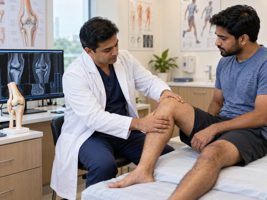 Orthopedic surgeon examining a patient’s knee during a consultation for ACL reconstruction surgery in Bangalore
