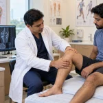 Orthopedic surgeon examining a patient’s knee during a consultation for ACL reconstruction surgery in Bangalore