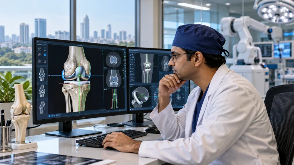 Orthopedic surgeon reviewing a digital knee-joint model on a screen during planning for robotic knee replacement surgery in Bangalore