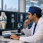 Orthopedic surgeon reviewing a digital knee-joint model on a screen during planning for robotic knee replacement surgery in Bangalore